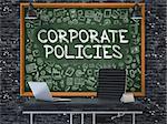 Green Chalkboard with the text Corporate Policies Hangs on the Dark Brick Wall in the Interior of a Modern Office. Illustration with Doodle Style Elements. 3D.