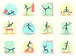 Set of sport equipment icons with person making different gym activity. Athletic, body building, training and workout exercises Pictogram Icons.