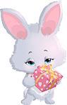 cute bunny holding a box with gifts on a white background