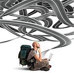 Man explorer with laptop with intertwined roads