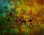 Chicago City Skyline Panorama Color Outline Silhouette with Paint Splatter on Grunge Texture Background Illustration