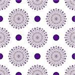 Seamless white vintage pattern with violet polka dots and lacy mandalas (vector)