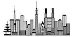 Tokyo Japan City Skyline Panorama Black and White Silhouette Outline Illustration