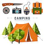 Tourist equipment in flat style. Camping. Vector illustration.