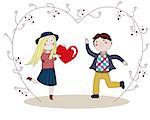 Boy presented to his pretty girlfriend red big heart  to Valentine's Day, happyness, and jumping, grape vine with hearts