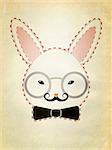 Stylized decorative white rabbit head with black bow and glasses, grunge paper textured.