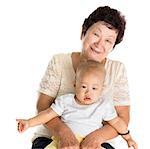 Portrait of Asian grandmother and grandson, isolated on white background.