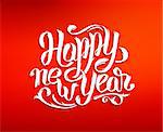 Happy New Year 2016 greeting card design. Red blurred background with white hand lettering inscription 2016 from paper. Vector festive background. Winter holidays greeting card with typography