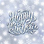 Happy New Year 2016 greeting card design. Blurred background with snowflakes and white hand lettering inscription Happy New Year from paper. Vector festive background. Winter typography background