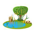 Island with a Lake and Tree. Cartoon Vector Illustration