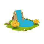 Island with a Lake and Waterfall. Cartoon Vector Illustration