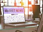 Market News - Closeup Landing Page in Doodle Design Style on Laptop Screen. On Background of Comfortable Working Place in Modern Office. Toned, Blurred Image. 3D Render.