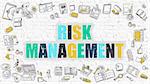 Multicolor Concept - Risk Management - on White Brick Wall with Doodle Icons Around. Modern Illustration with Doodle Design Style.