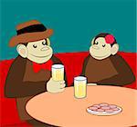 Two monkeys sitting at a table, and drinking soda or juice.