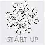 start up and business concept signs in puzzle pieces - text and idea, goal, advertise symbols in black white hand-drawn style, business building concept