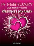 Happy Valentines Day Party Flyer Design Template. Vector Illustration. Club Flyer Concept with Two Purple Hearts and Fireworks