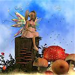 A swarm of fireflies fly around Fairy Faeryl in a magical forest full of large mushrooms.