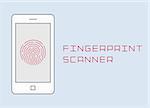 Fingerprint scanning on smartphone vector flat design thin line illustration. mobile phone finger  identification isolated on white simple