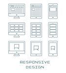 Line icons set flat design responsive web development service, website webpage user interface on different devices. Modern vector pictogram collection isolated