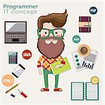 Programmer with glasses, a beard and a laptop. programmer on the background of things for the programmer, Java, Css, HTML