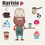 Barista with a cup of coffee on a tray and bar equipment. Barista on background milk, coffee beans, donuts and cupcakes