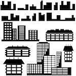 Silhouettes of houses and buildings icons. Vector illustration.
