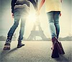 Couple in love walks together in Paris