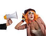 Clown hears a megaphone with alert expression
