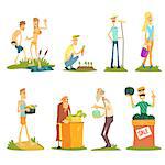 Summer Farm Activities. Vector Collection. People in the village and in the market