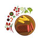 BBQ Steak on Plate. Flat Vector Illustration