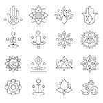 Vector yoga icons and line badges, graphic design elements or logo templates for spa center or yoga studio