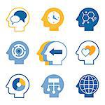 Head brain, mind process vector icons set