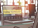 Cloud Technology Concept Closeup on Laptop Screen in Modern Office Workplace. Toned Image with Selective Focus. 3D Render.