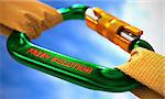 Green Carabiner between Orange Ropes on Sky Background, Symbolizing the Fresh Solution. Selective Focus. 3D Render.