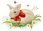 Cute rabbit with bow sitting on grass. Easter rabbit with red ribbon. Isolated on white vector illustration