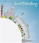 Saint Petersburg skyline with gray landmarks and copy space. Business travel and tourism concept with historic buildings. Image for presentation, banner, placard and web site. Vector illustration
