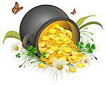 Overturned pot of gold coins. Cauldron of gold. Isolated on white vector illustration