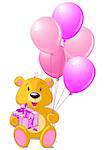 Teddy Bear sitting with gift box and pink balloons