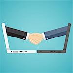 Businessmen shake hands from two computer, Internet business, ecommerce concept. Also available as a Vector in Adobe illustrator EPS 8 format.