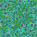 Seamless pattern with doodle floral elements, hand drown vector artwork mainly in green hues