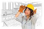 Pretty Hispanic Woman in Hard Hat and Gloves with Kitchen Drawing Behind.