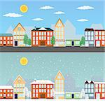 Cityscape at day in the summer and in the winter. Also available as a Vector in Adobe illustrator EPS 8 format.
