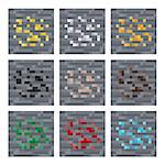 Texture for platformers pixel art vector: stone ore blocks: silver, gold, coal, gem, iron square block