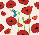 vector illustration of poppies seamless background with hummingbird