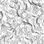 Black and white seamless pattern with doodle herbal elements, hand drown vector artwork