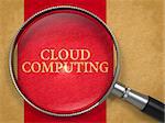 Cloud Computing through Loupe on Old Paper with Dark Red Vertical Line Background. 3D Render.