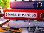 Small Business - Red Office Folder on Background of Working Table with Stationery and Laptop. Small Business Business Concept on Blurred Background. Small Business Toned Image. 3D.