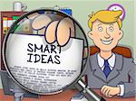 Officeman in Suit Holds Out a Paper with Inscription Smart Ideas Concept through Magnifier. Closeup. Colored Doodle Illustration.