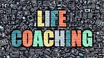 Life Coaching Concept. Modern Illustration. Multicolor Life Coaching Drawn on Dark Brick Wall. Doodle Icons. Doodle Style of  Life Coaching Concept. Life Coaching on Wall.