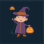 Little Girl In Witch Violet Haloween Disguise Funny Flat Vector Illustration On Dark Background